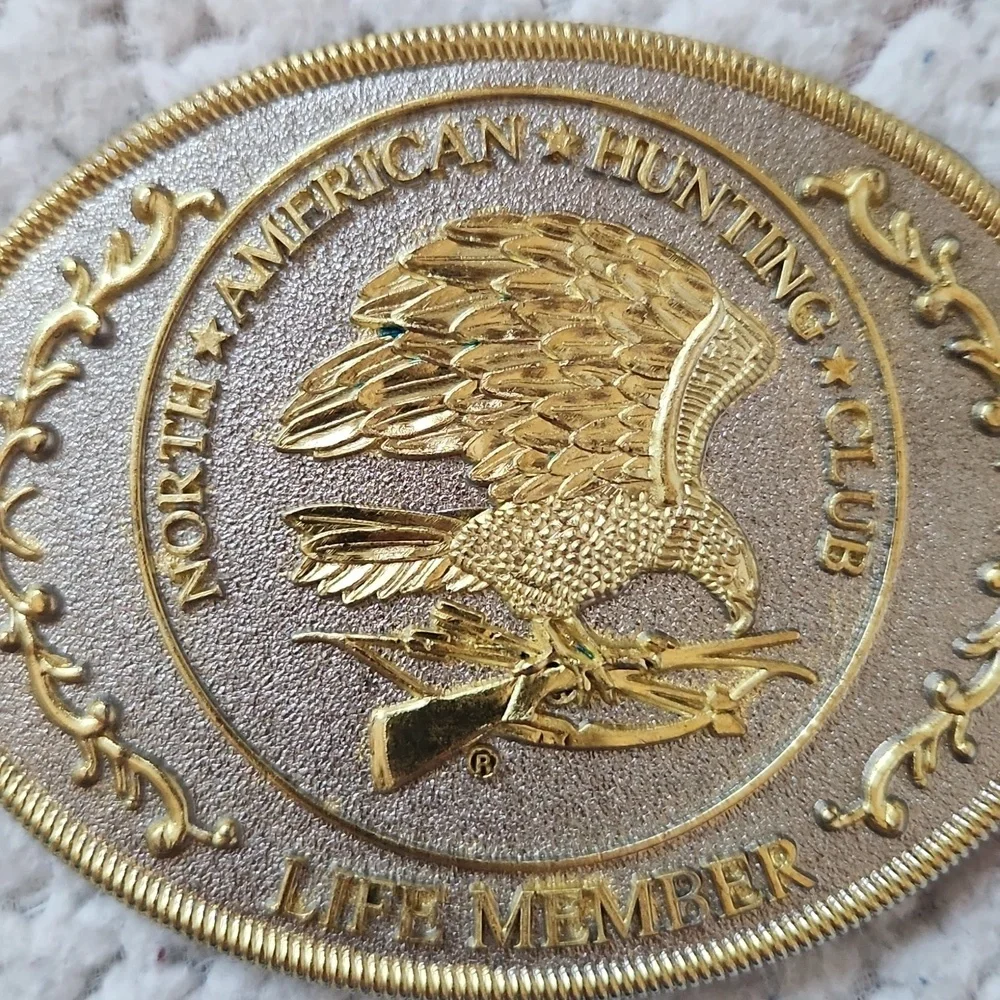Vintage North American Hunting Club Life Member Eagle Branches Belt Buckle Gold